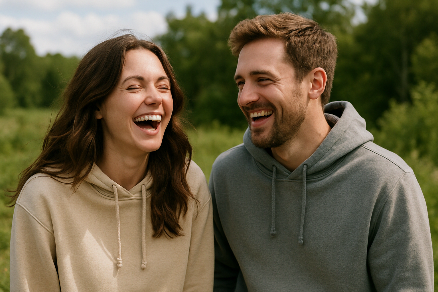 woman and man having fun outside wearing a plain hoodie